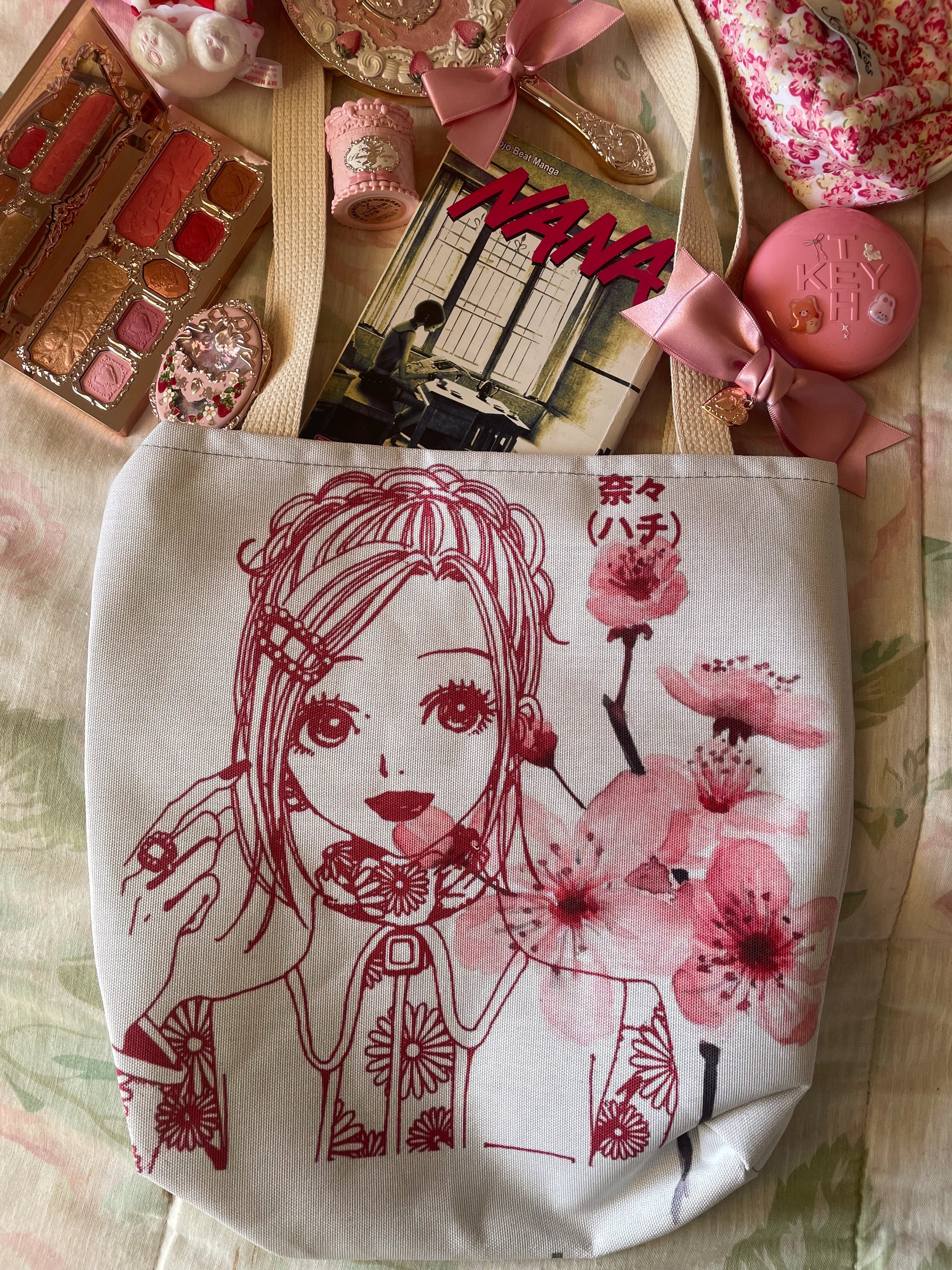 White canvas tote bag with hand-drawn anime girl graphic, alternative Japanese streetwear accessory