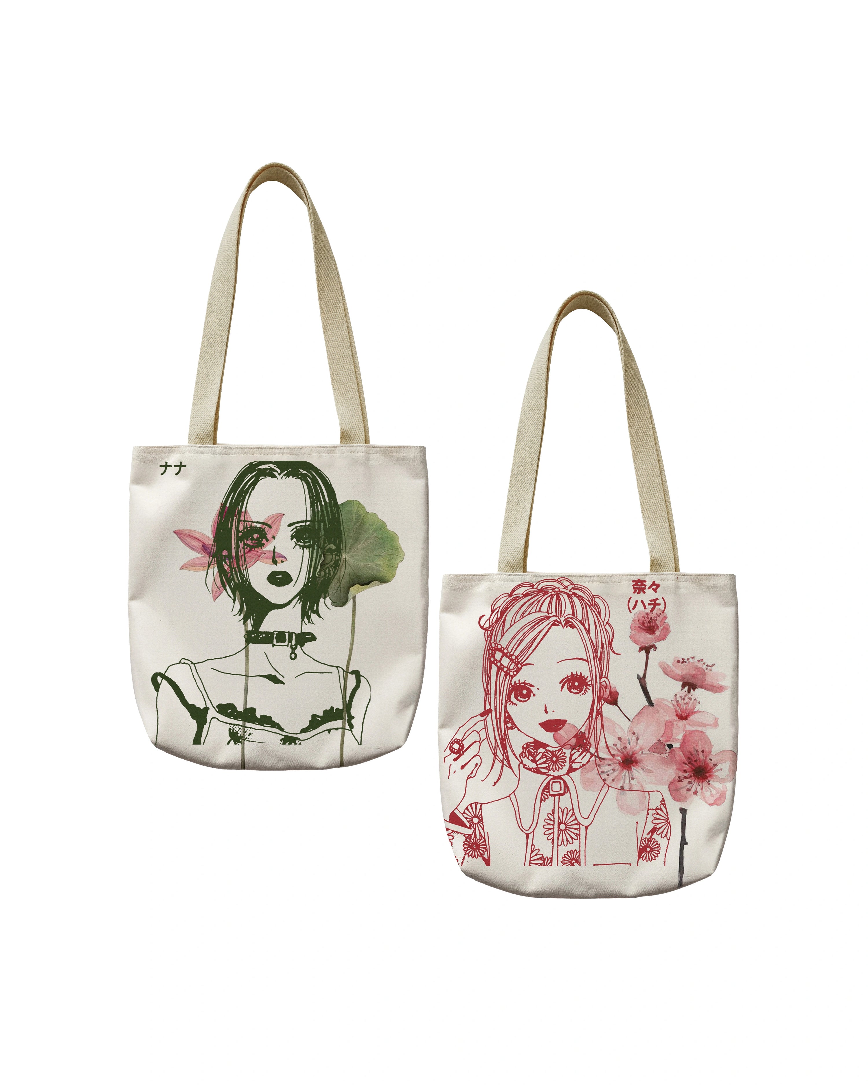 Front and back view of white canvas tote bag with shoujo anime girl graphic, Y2K Harajuku fashion